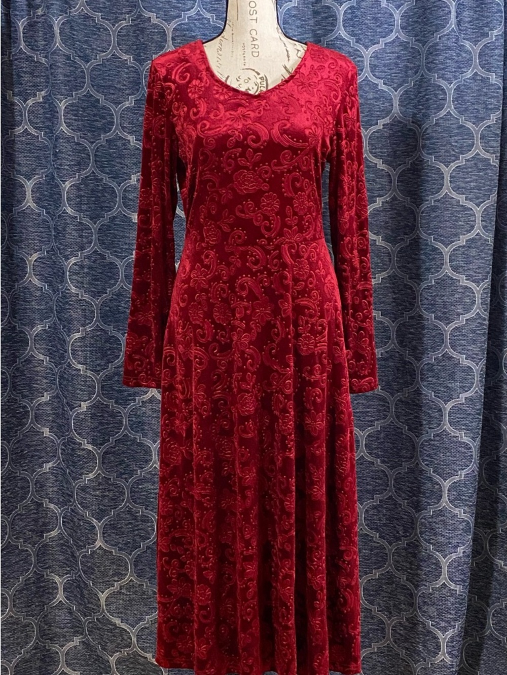 Red Velvet Long-Sleeve Fit & Flare Dress